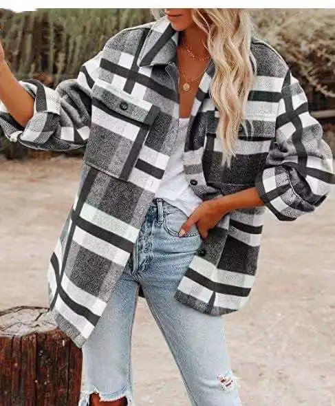 Fashion Long-sleeved Loose Plaid Shirt Woolen Coat Women\'s Autumn Winter Thickening Casual Loose Pocket Shirt Coat Top Women