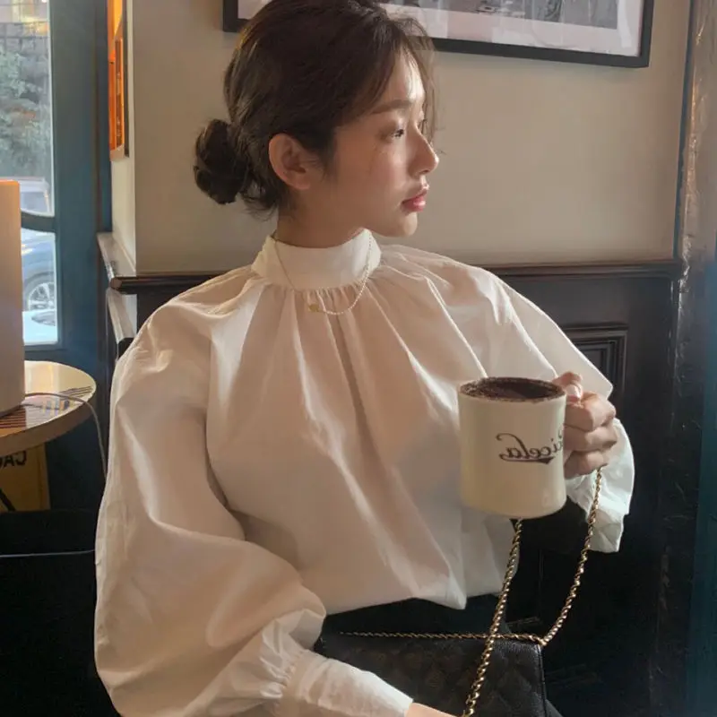

Fashion Women Shirt Stand Collar Shirt Female Puff Long-sleeve Shirt Formal Dress Loose Work Clothes OL Womens Tops F126