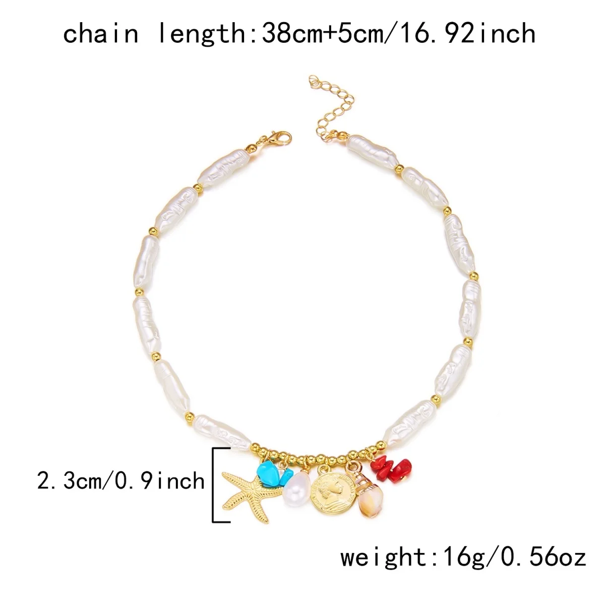 Trendy Sommer Rote Erdbeere Anhänger Halskette Für Frauen Männer Barock Imitation Perle Metall Seestern Conch Bogen Sonne Halsband Schmuck – Detail 15