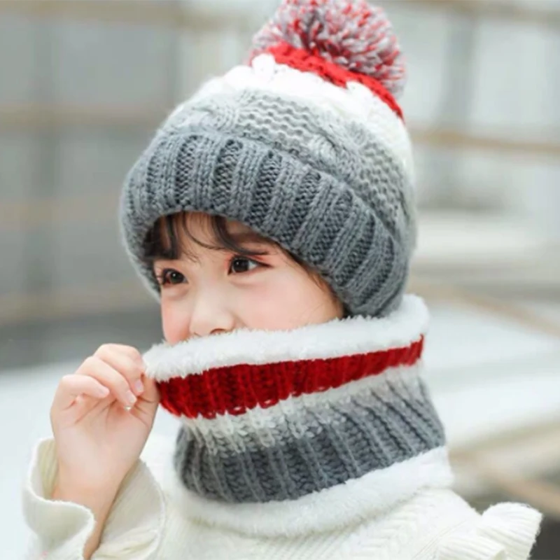 Winter Children Cute Sweet Plus Velvet Thick Wool Knitted Wool Ball Hat Girls Korean Version Warm Scarf Boys Kids Hedging Cap