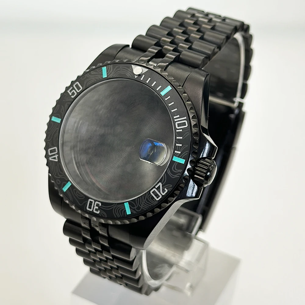 Sleek Black Watch Case with Carbon Fiber Bezel and Sapphire Mirror