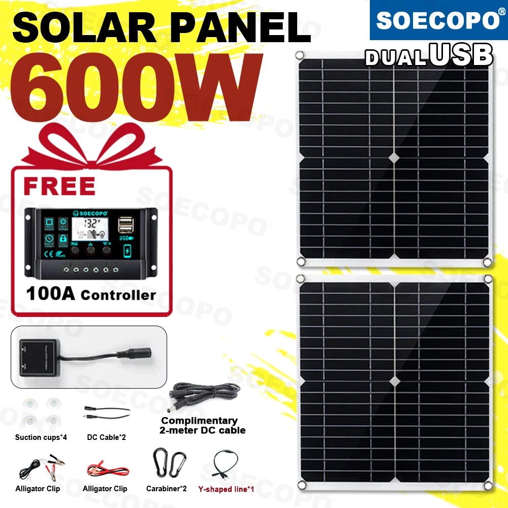ชุดแผงโซลาร์เซลล์พกพาสำหรับตั้งแคมป์ SOECOPO 600W แผงโซลาร์เซลล์แบบโฟโตโวลตาอิก 2*300W แรงดันไฟฟ้าขาออก 12V - 18V มาพร้อมตัวควบคุม 100A ฟรี 1