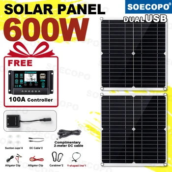 ชุดแผงโซลาร์เซลล์พกพาสำหรับตั้งแคมป์ SOECOPO 600W แผงโซลาร์เซลล์แบบโฟโตโวลตาอิก 2*300W แรงดันไฟฟ้าขาออก 12V - 18V มาพร้อมตัวควบคุม 100A ฟรี 1