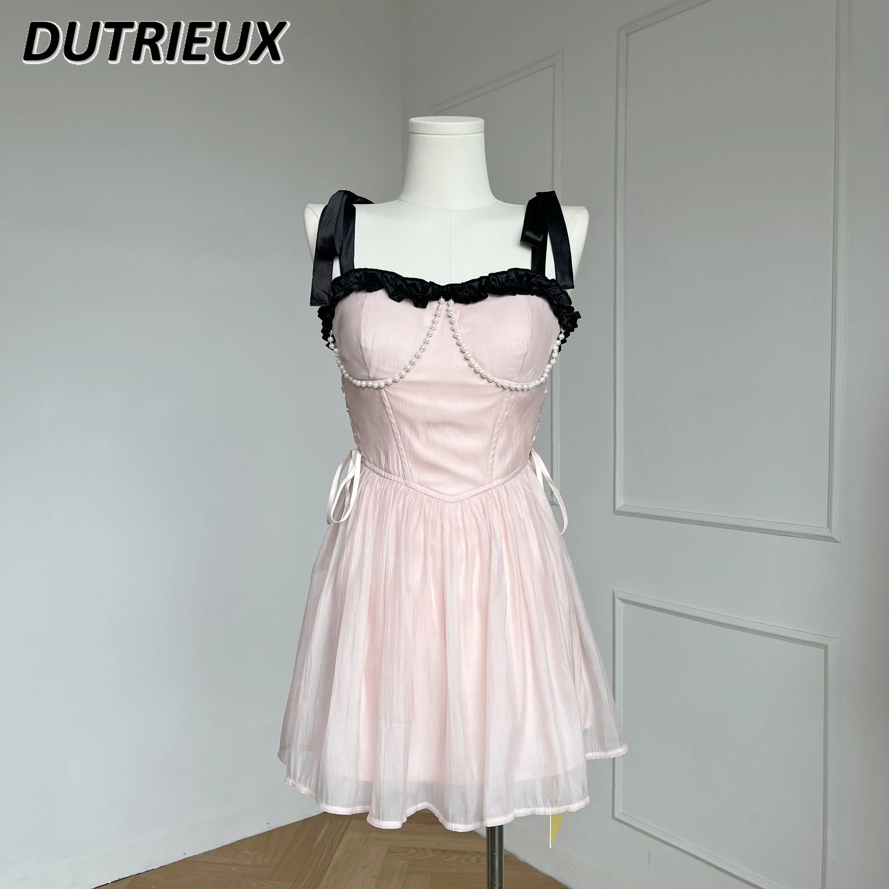 Lolita Dress Summer New Heavy Industry Pearl Trim Pink Bandage Sling Dress Female Sweet Princess Banquet Birthday Dresses Women