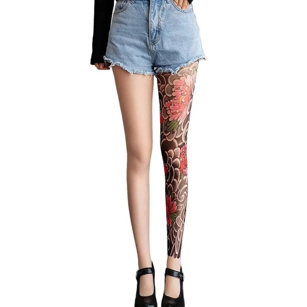 Frauen Sexy Gedruckt Strumpfhosen Gefälschte Tattoo Pfingstrose Strumpfhosen Weibliche Perspektive Mesh Leggings Hohe Strumpfhosen Weibliche Strümpfe – Detail 9