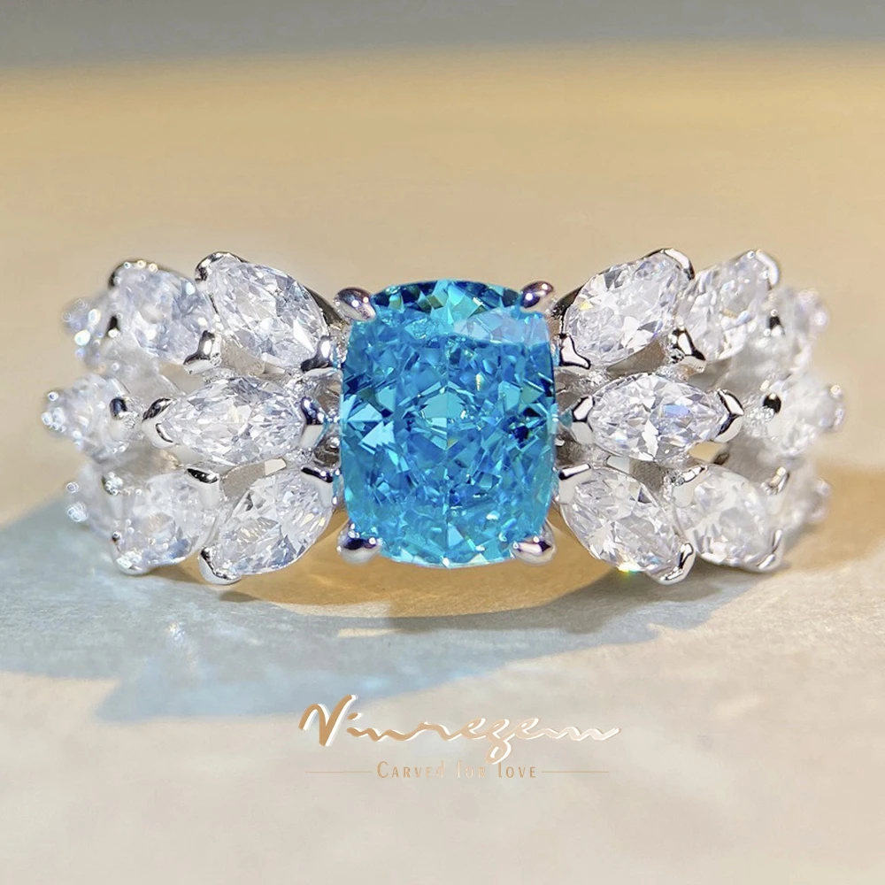

Vinregem 2CT 6*8 MM Crushed Ice Cut Aquamarine Citrine Sapphire Gems Ring For Women 925 Sterling Silver Wedding Bridal Jewelry