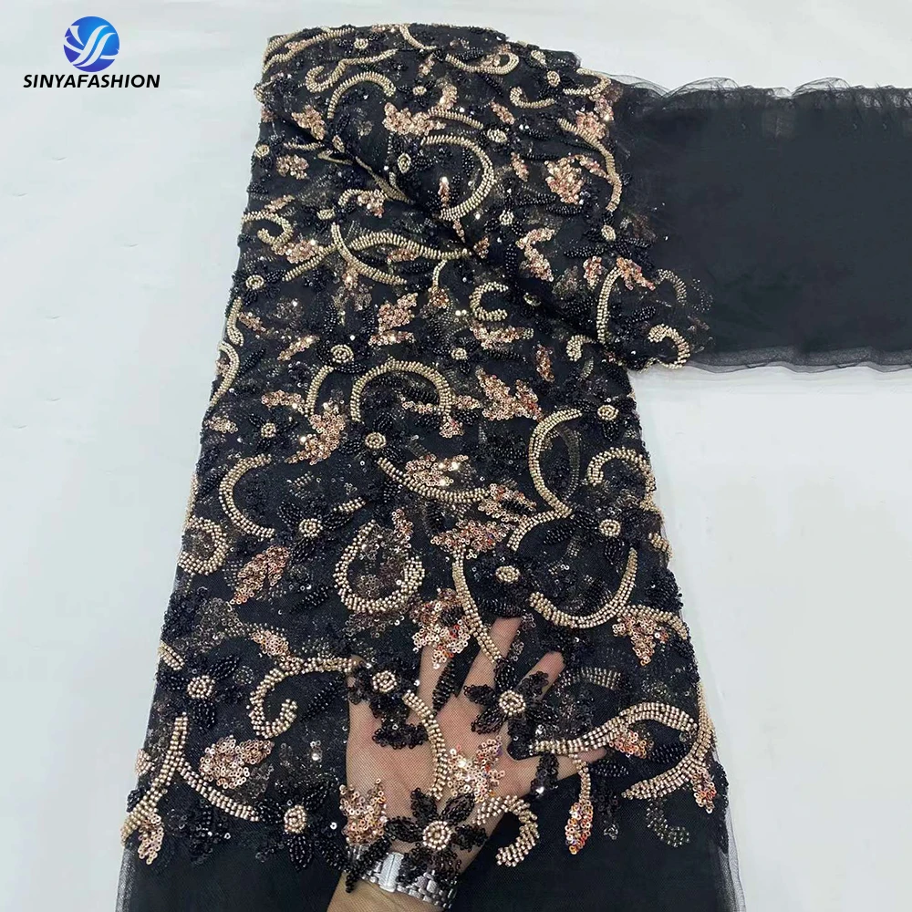 

Sinya Fully Sequins Heavy Handmade Beaded Lace Fabric High Quality African Nigerian French Embroidery Wedding Bridal Dress Lace