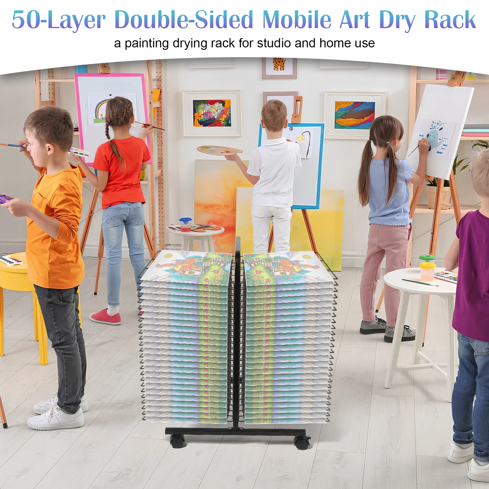 Metal Art Drying Rack 50-Tier Double Sided 42x31cm 2cm Spacing for Studio School Home Kids Art Crafts