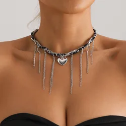 Boho Crystal Tassel Clavicle Chain Choker - Exquisite Y2K Beaded Pendant Necklace (Silver Heart)