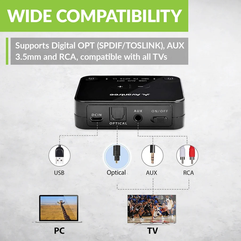 Avantree Audikast Bluetooth 5.0 Transmitter for TV PC Volume Control aptX Low Latency