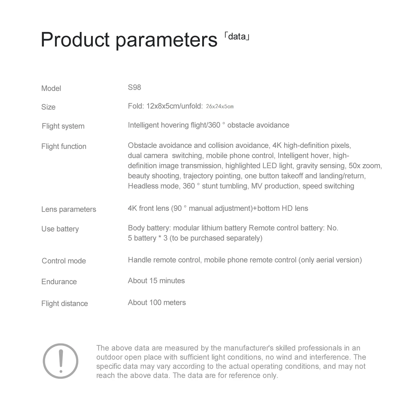 KBDFA S98 Drone, the above data are measured by the manufacturers skilled professionals in an outdoor open