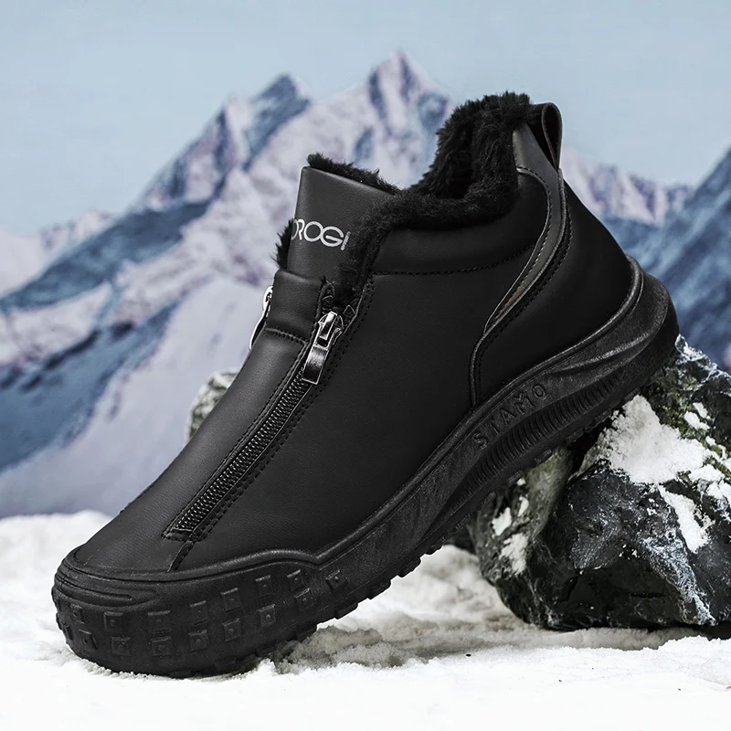 Mens Walking Shoes Winter Warm Cotton Leather Waterproof Flat Non-slip Zipper Snow Boots High-top Trendy Sneakers Man 2