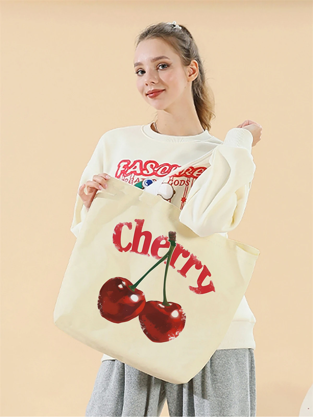 1pc,cartoon cherry handbag, reusable fashionable handbag, multifunctional handbag, printed canvas shopping bag