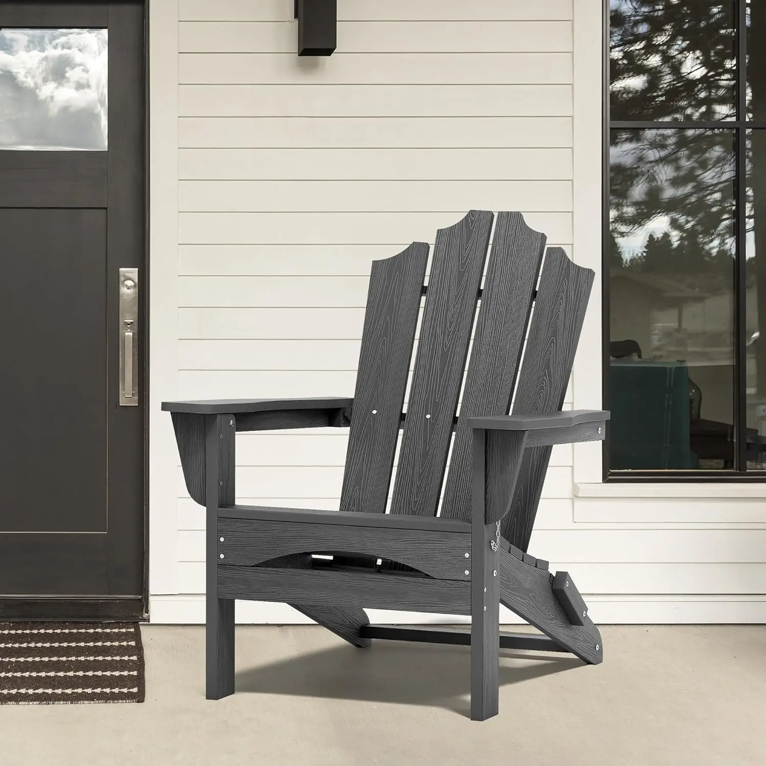 Outdoor Folding Adirondack Chair. HDPE. All-Weather. Stackable. For Porch, Backyard, Lawn. Gray.