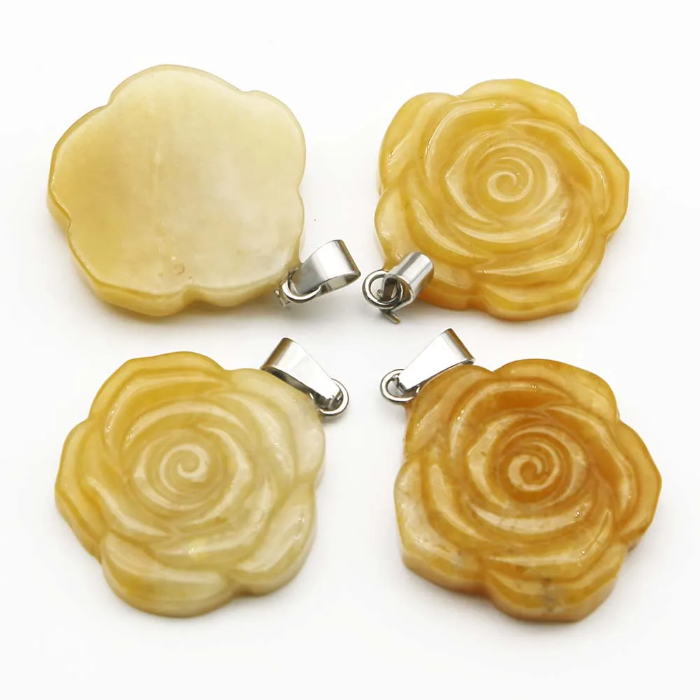 Quality Natural Stone Topaz Hand Carved Rose Necklace Pendant Jewelry Making Reiki Charm Accessories Fashion Valentine Gift 4Pcs