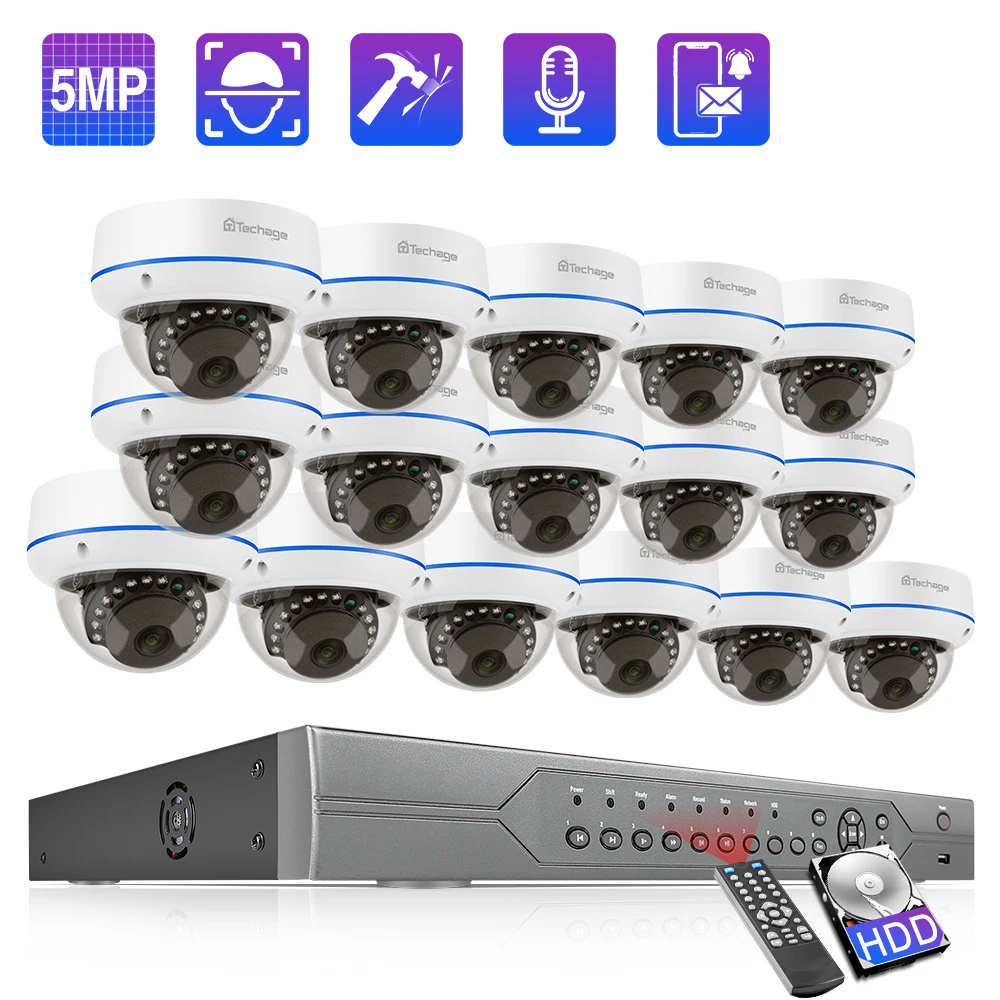 Techage HD 5MP 16CH POE Security Camera System Face Detection Audio Record Dome Indoor Vandalproof CCTV Video Surveillance Kit