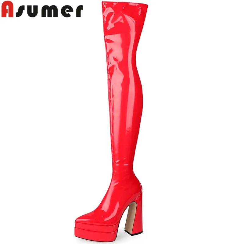 

ASUMER 2022 Size 34-45 New Arrive Thick High Heels Winter Boots Woman Pu Over The Knee Boots Ladies Platform Shoes