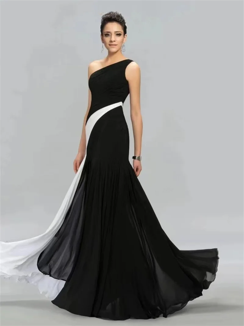 Elegant Black Satin  & White Floor-Length Sleeveless  Contrast Color One Shoulder Pleats Chiffon Evening Dress