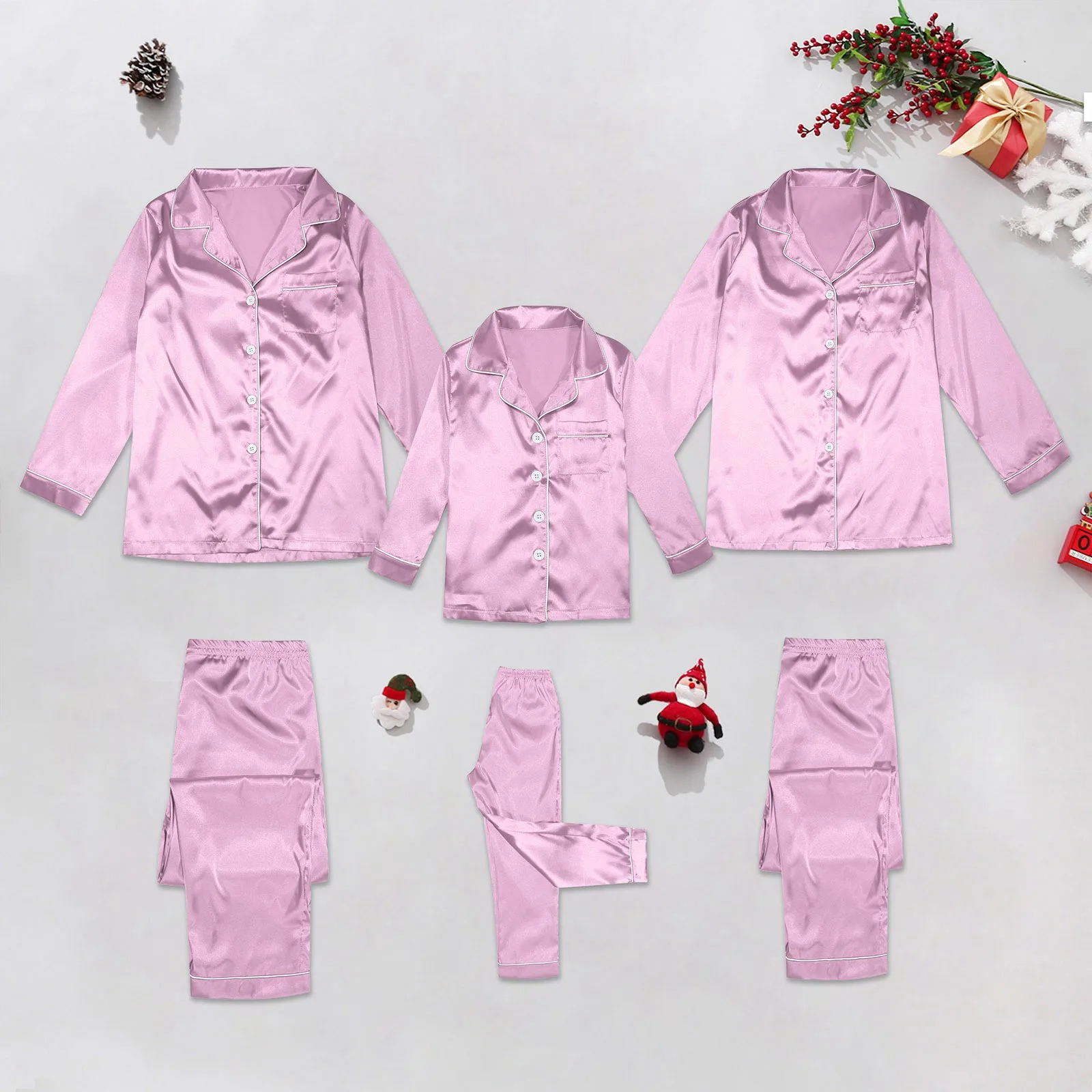thumbnail image 2 of Conjunto de pijama de seda satinada para toda la familia, ropa de dormir navideña, conjunto de 2 piezas, camisas de manga larga con solapas y botones, pantalones casuales, color rojo, 2 of 5