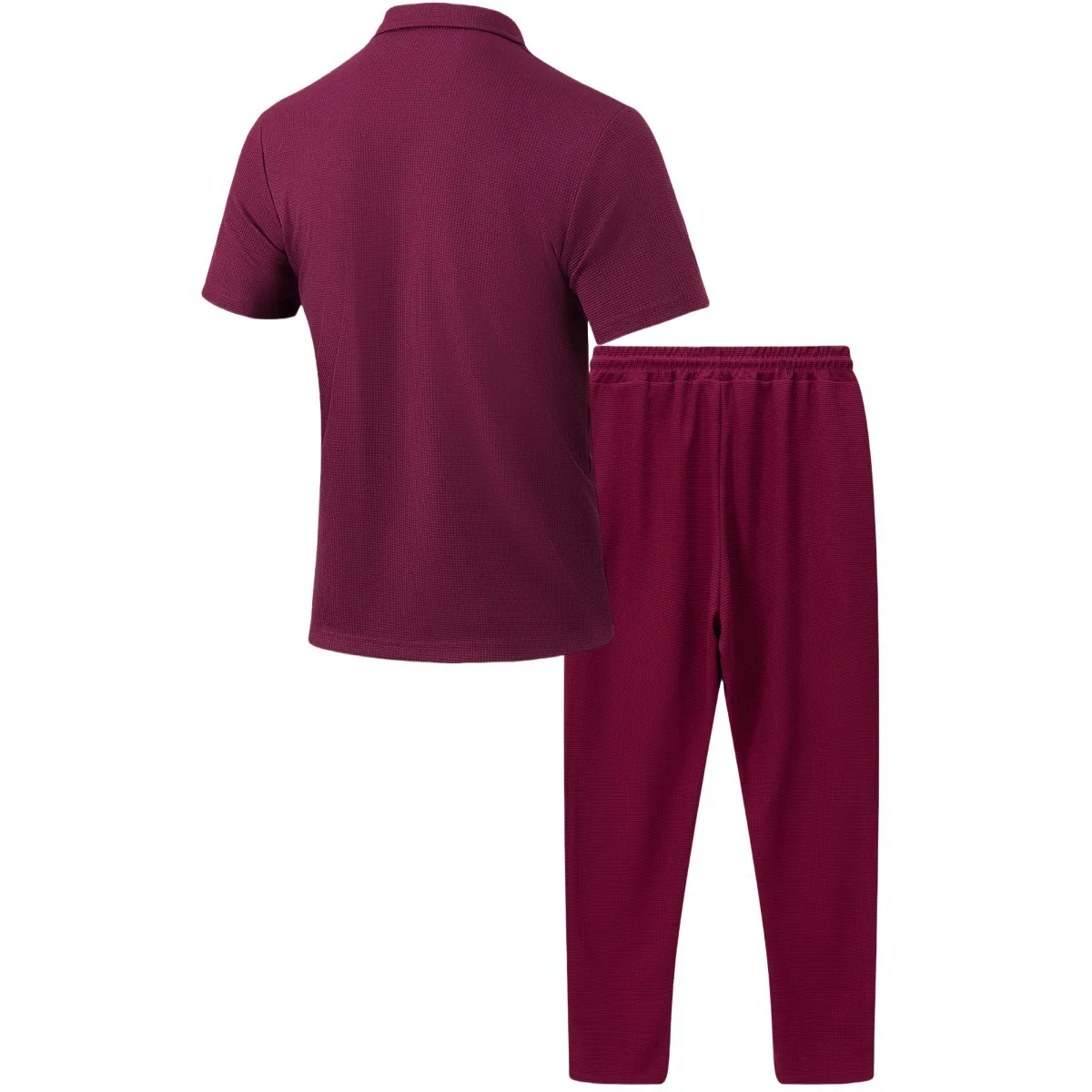 Men’s solid color waffle check short sleeve shirt and trousers two-piece set displayed on model in outdoor travel setting red back