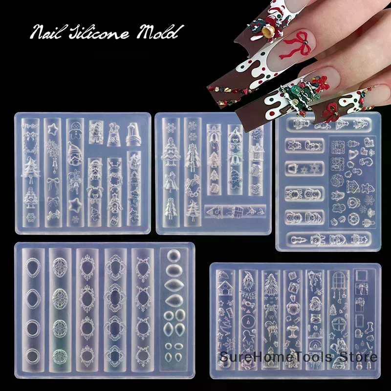 1pc 3D Christmas Silicone Nail Mold Snowman Christmas Tree Snowflake Nail Decorations DIY Manicure Mold Winter Festive Nail Art