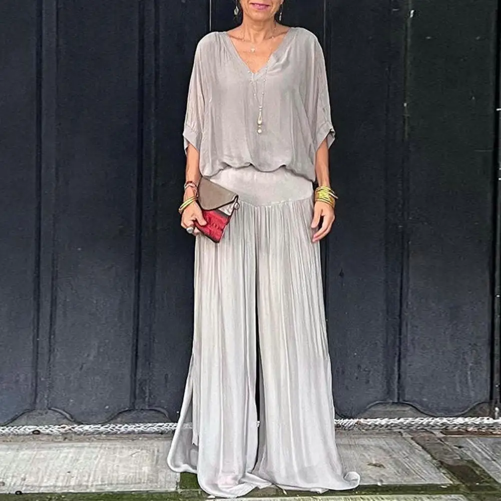 Women Commuting Set Elegant V Neck Pleated Top Wide Leg Pants Set For Women Soft Comfortable Outfit With Bat Sleeves High women dress elegant square neck midi dress with ruffle sleeves high waist pleated a line design for women stylish summer outfit