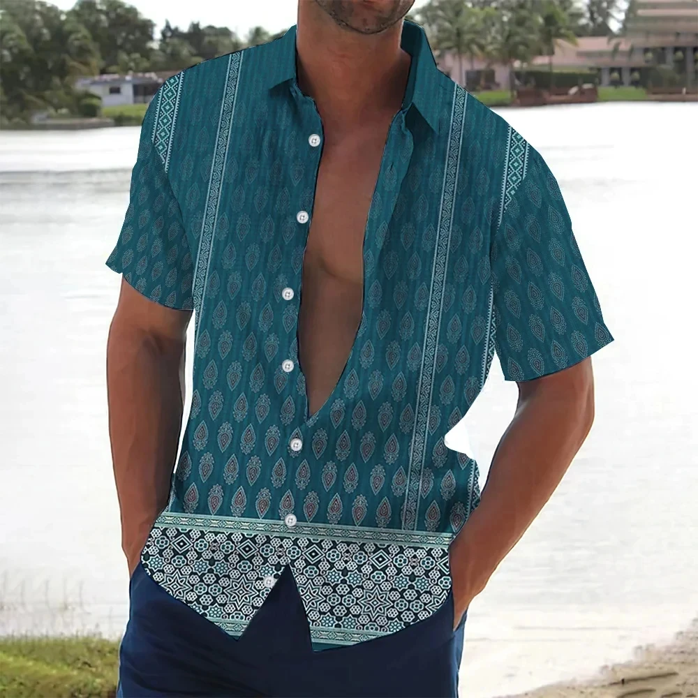 thumbnail image 1 of Camisa de manga corta con cuello abatible y botones para hombre, informal, cómoda, transpirable, con estampado 3D de rayas de playa para vacaciones, 1 of 5