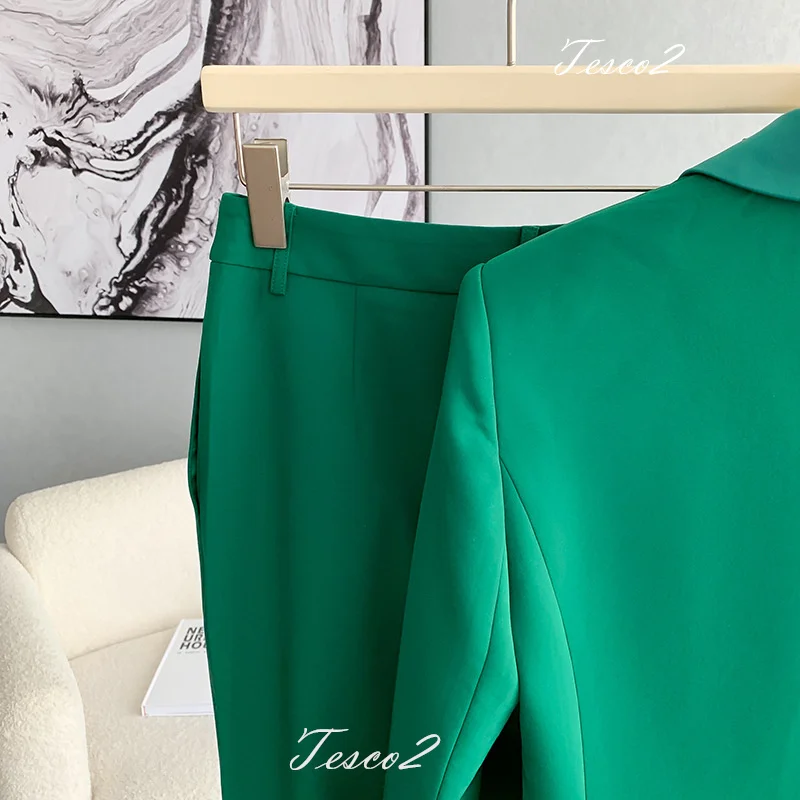 Tesco Fashion Green Women's Suit Patchwork Collar Blazer And Flare Pants Office Slim Pantsuit Casual Female Outfits 2 Piece