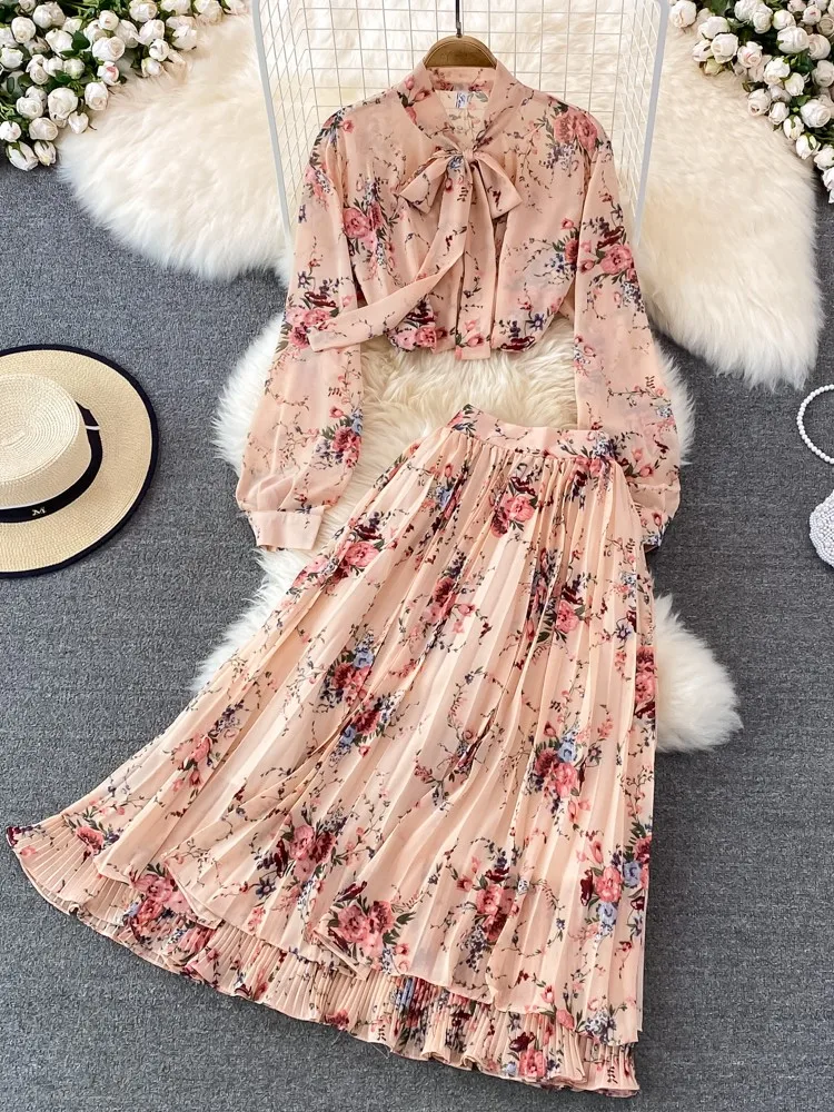 

Elegant Floral Print Women Suits Chic O-neck Lace-up Shirts Top+Vintage Pleats Midi Skirts French Chiffon Party Two Pieces Set