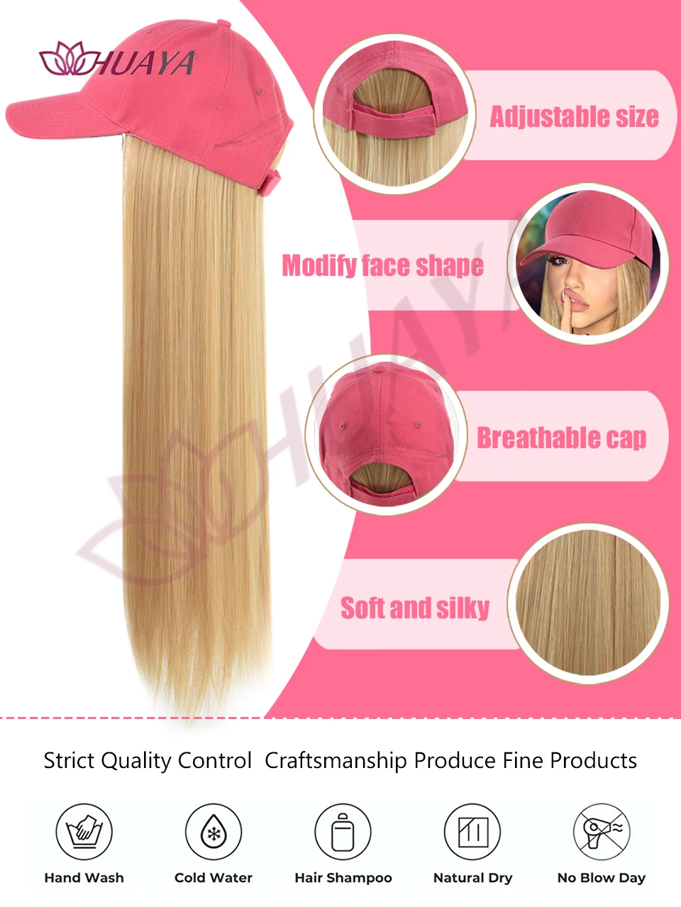 Pink Baseball Hat Hooded Wig Hat Wig Long Straight Wig Synthetic Hair Beginners Friendly Heat Resistant Natural Looking For Dail
