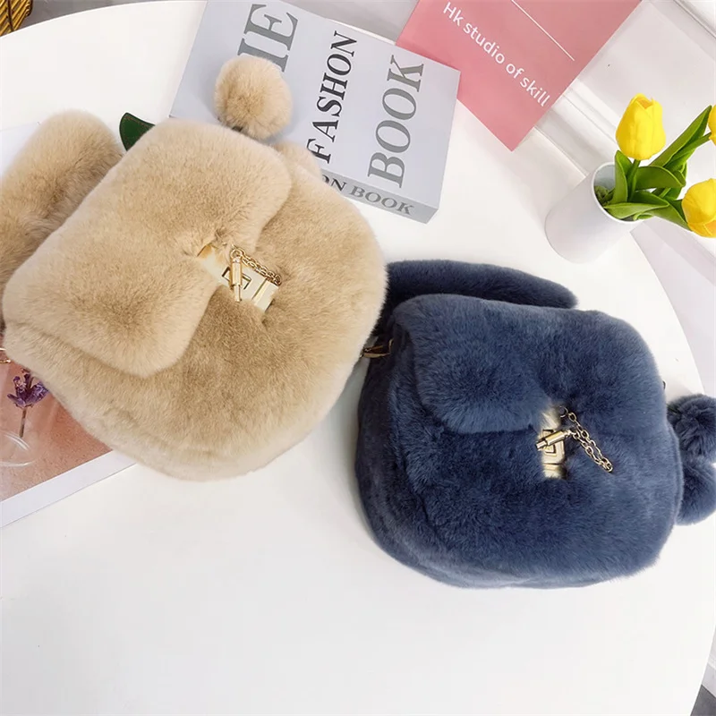 Women's Luxury Fur Bag New Rex Rabbit Fur Upscale One Shoulder Handbag Large Capacity Winter Cross Trend Fur Bag