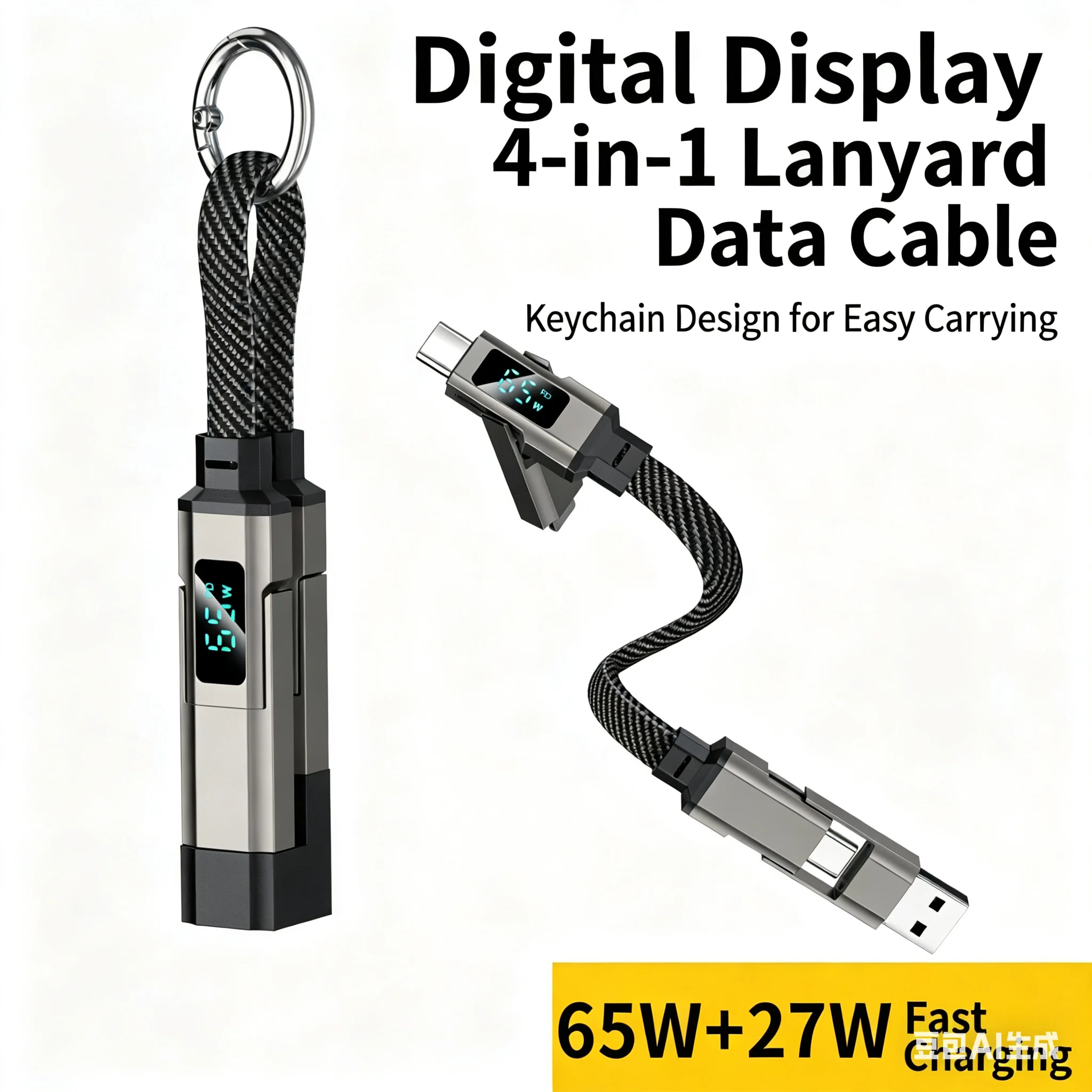 65W 키체인 디지털 디스플레이 4-in-1 PD 고속 충전 케이블, 애플 및 화웨이 타입-C 5A 휴대폰 데이터 케이블에 적합
