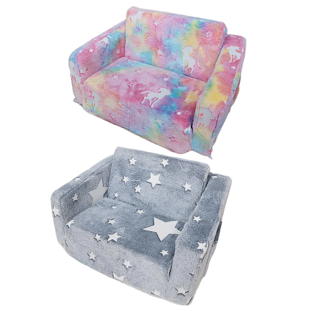 Toddler Kids Couch 2-in-1 Toddler Soft Couch Fold Out Chair Glow in Dark Convertible Plush Foam Chair For Girls and Boys