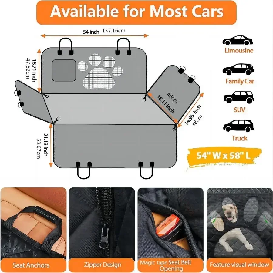 Dog Car Seat Cover for Back Seat, Waterproof Dog Car Hammock with Visual Mesh Window and Side Zipper Seat & Door Protec