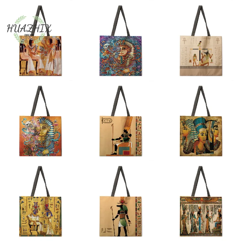 

Egyptian Mural Print Shoulder Bags for Ladies Fashion Shopping Tote Bag Casual Large Capacity Foldable Reusable Canvas Handbags