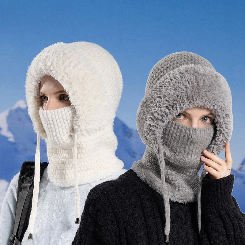 Womens Winter Cycling Mask Integrated Hat Scarf Set Fleece Lined Knitted Beanie