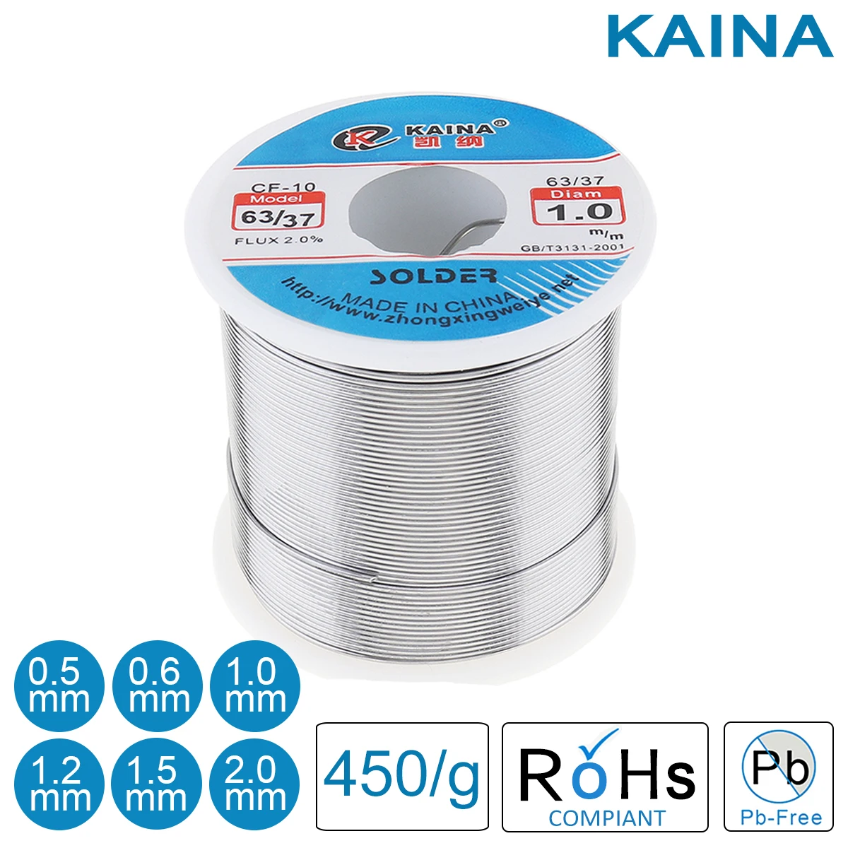 KAINA 63/37 용접 와이어, 전기 납땜 다리미, 플럭스 2%, 저융점, 0.5mm, 0.6mm, 0.8mm, 1.0mm, 1.2mm, 1.5mm, 2.0mm, 450g 