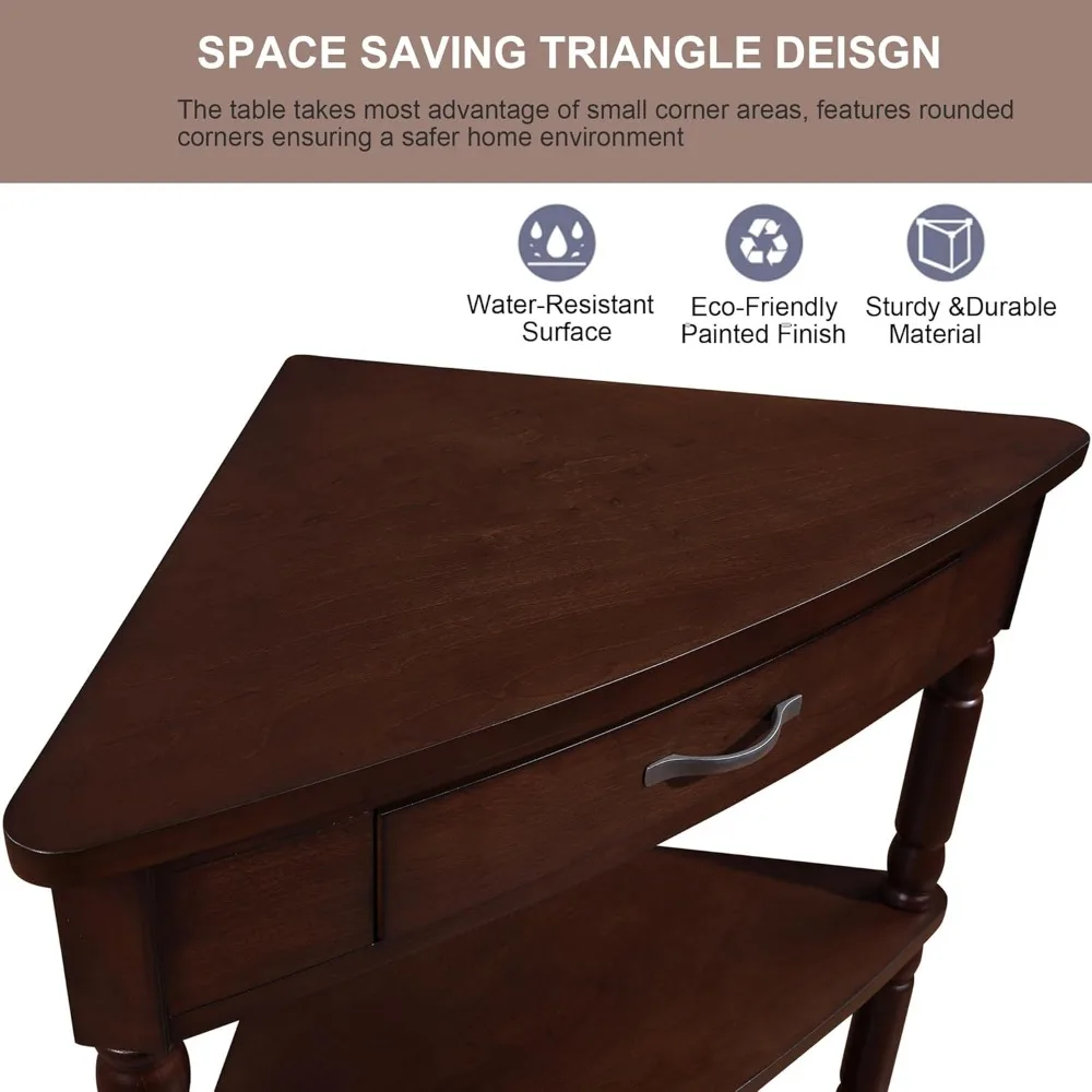 Small corner table for small Spaces, 33.8 "wooden triangular side table with drawers and 2 open shelves 4
