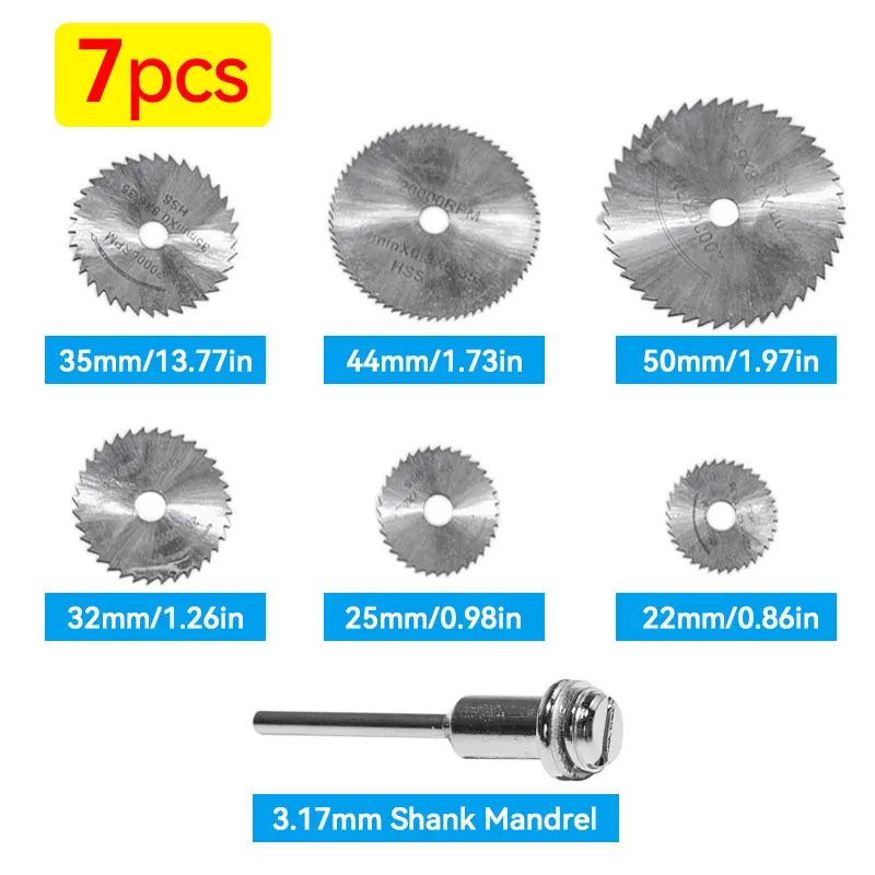 

7Pcs Mini High Speed Steel Circular Saw Blades Set with 3.17mm Shank Mandrel Cutting Discs HSS Grinding Cutting Rotary Tool