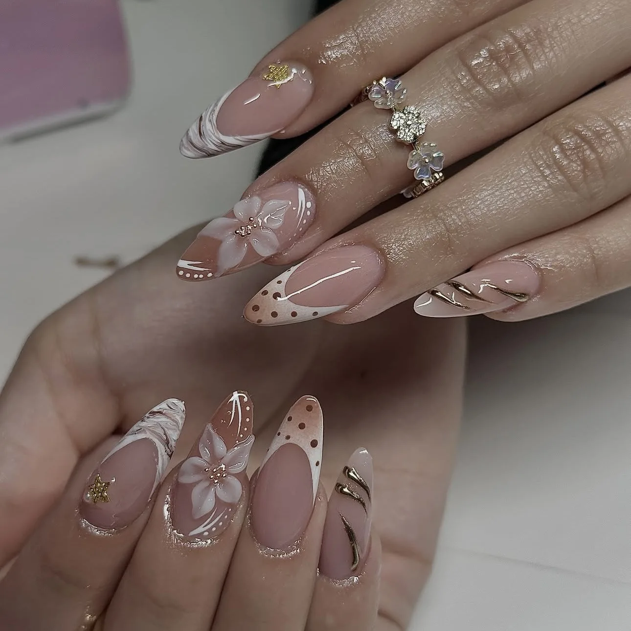 24PCS Pink Almond Press-On Nails with 3D Floral Design and Golden Pearl Accent