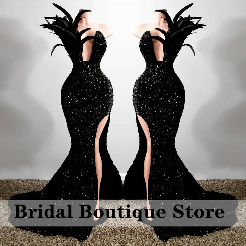 Glittering Black Mermaid Prom Dress Side Split Feathers Sequins African Birthday Party Gowns Wedding Guest Wear women prom dresses