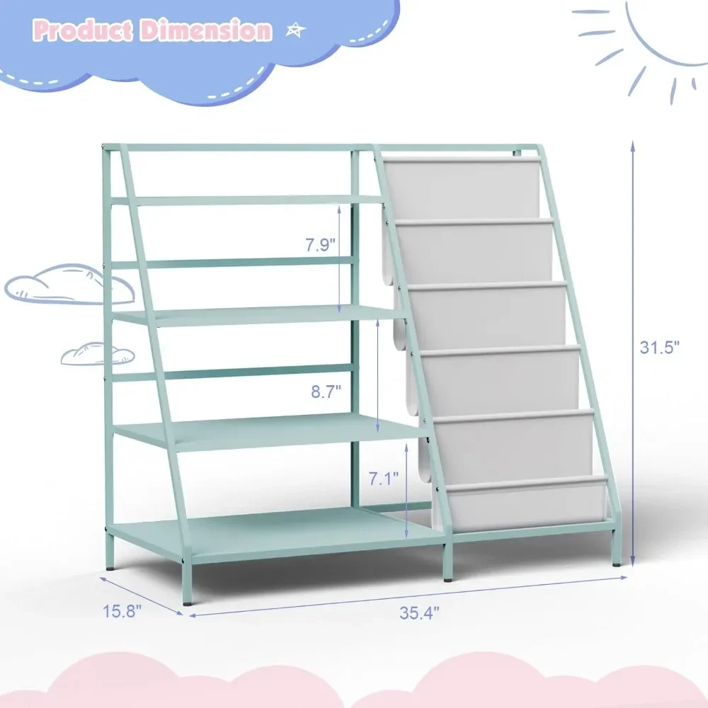 Bookshelf for Kids - Metal 4 Tier Childrens Bookcase with 5 Sling Deep Book Rack Display Shelves Toddler Toys Organizer 3