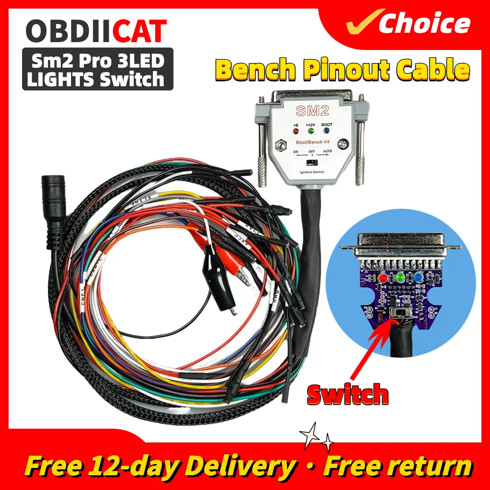 

SM2 Pro 3LED LIGHTS Switch Bench Cable ECU Bench Pinout Cable for SM2 PRO J2534 VCI Read and Write ECU BATT VCC KLINE CAN-L CAN
