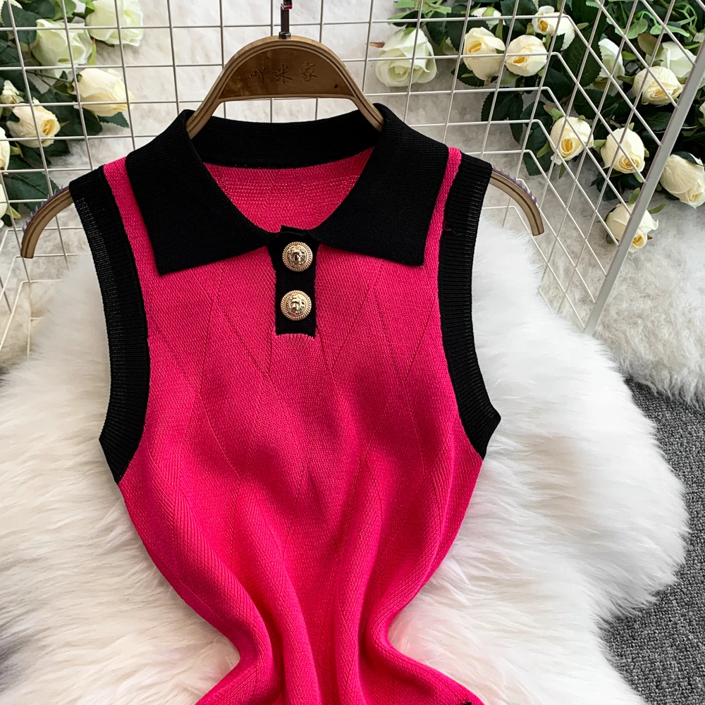 REALEFT Vintage Sleeveless Women's Knited Wrap Dresses 2025 New Spring Summer Polo Collar Buttons Sheath Pencil Dress for Womens