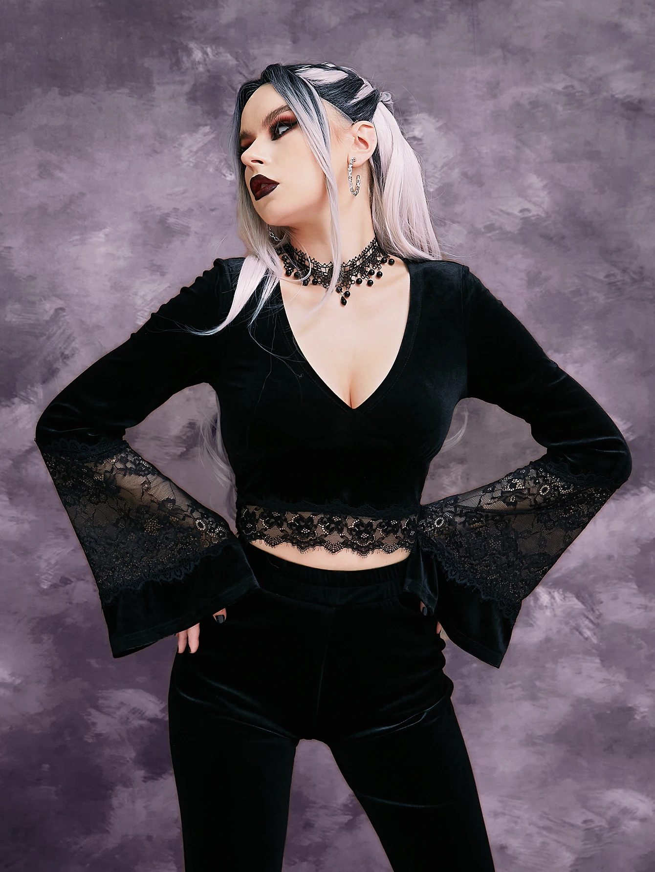 

Bold Shade Dark Mall Gothic Velvet Sexy Blouses Grunge Vintage Lace Patchwork Women Crop Tops Deep V Neck Flare Sleeve T-shirts