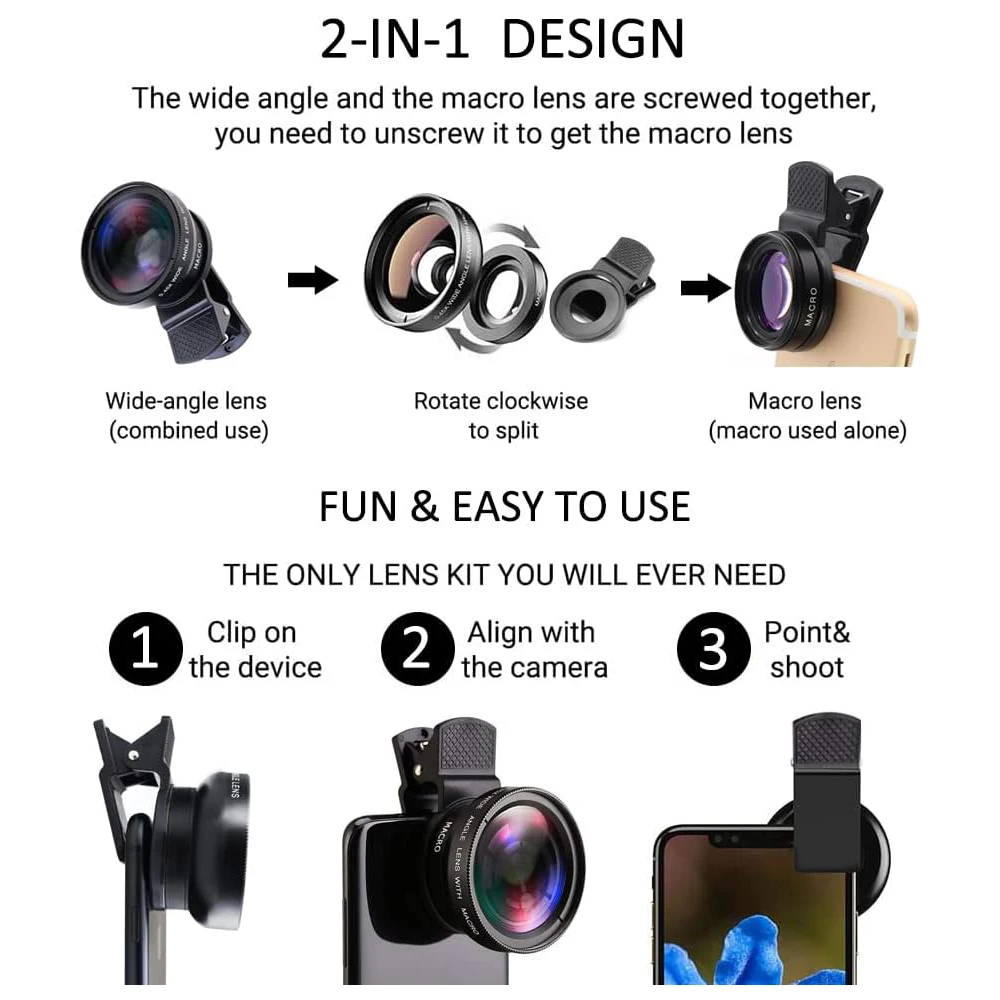 Experience 2 in 1 Phone Camera Lens kit 0.45x Wide Angle 12.5x Macro Lens HD Camera Lenes for iphone ios Android Smartphones — view 4