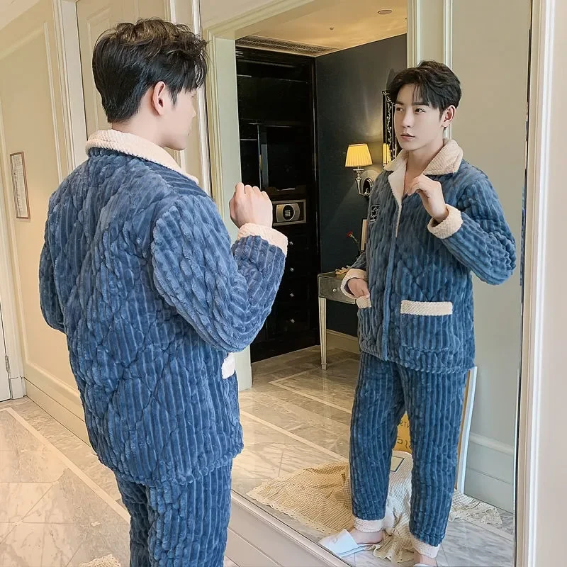 2024 New Men's Teenagers' Winter Cotton Pajamas Coral Velvet Three-layer Thickened Plush Loungewear Cotton Flannel Homewear Set