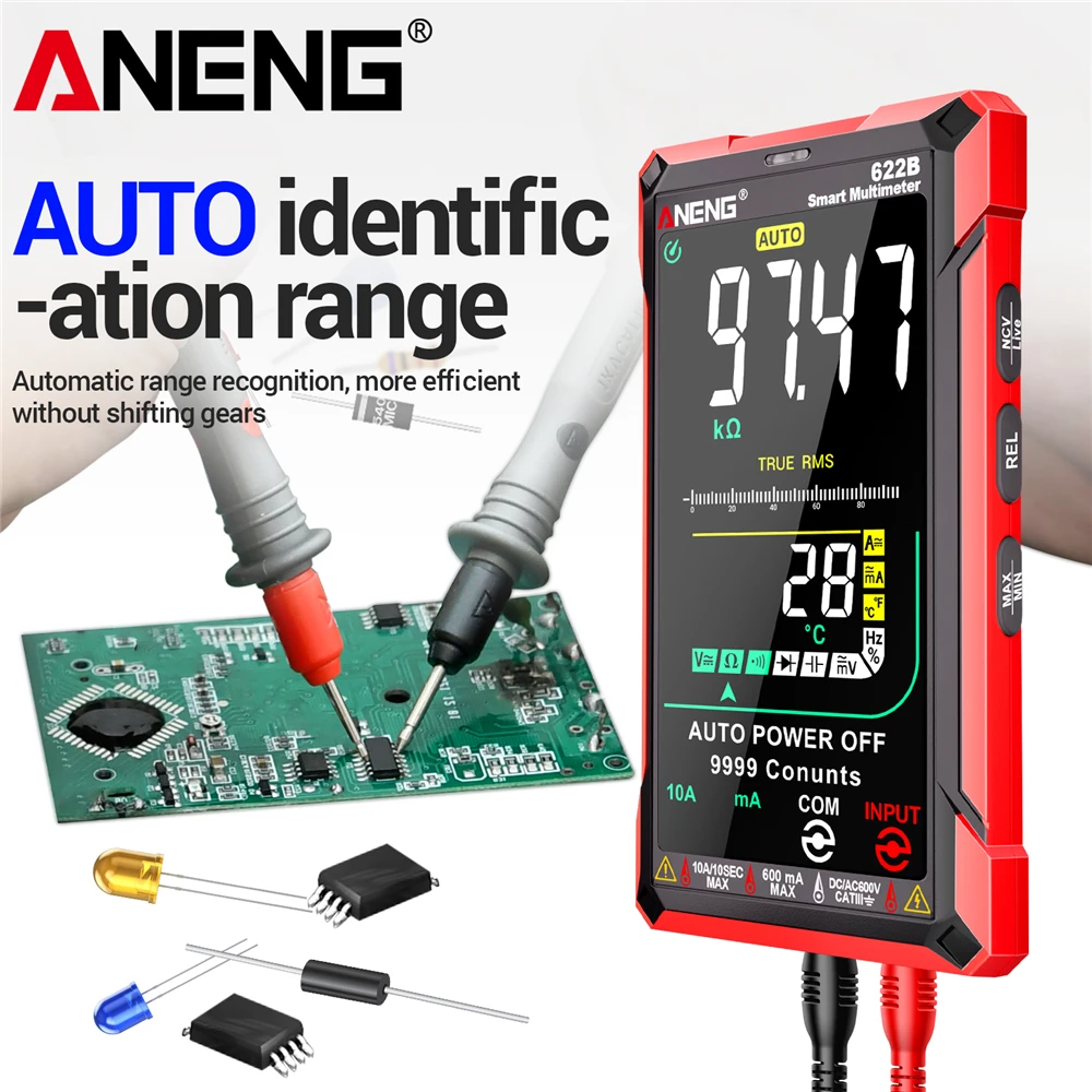 적외선 레이저 멀티미터 ANENG 622B 스마트 전문가용 VA 컬러 스크린 NCV 감지 AC/DC 전압 전류 9999 카운트 툴