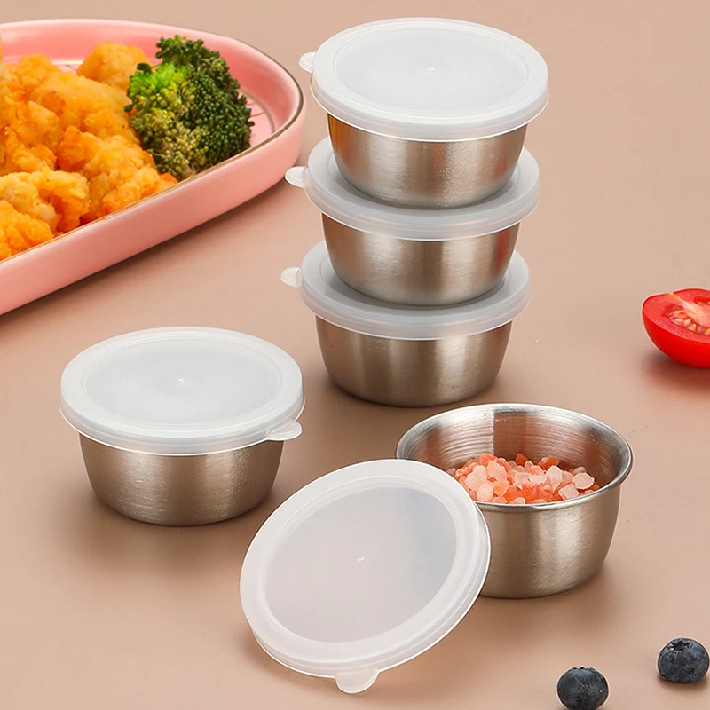 1/6pcs 40ML Salad Dressing Container Sauce Dishes Portable Stainless Steel Small Sauce Cup With Leakproof Lids Dipping Cups 5