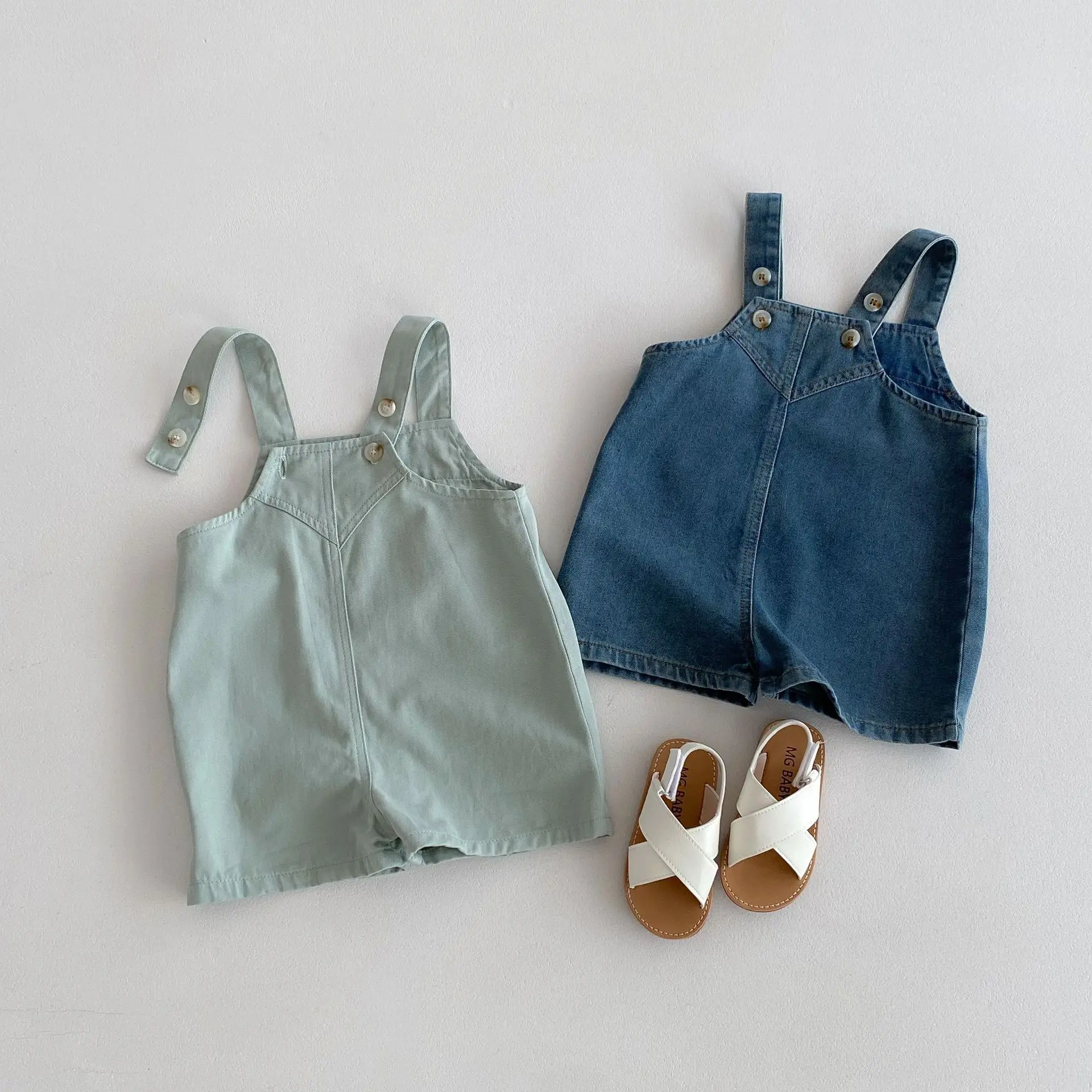 

2024 Summer New Children Solid Overalls Cute Girls Denim Overalls Baby Boys Strap Shorts Thin Kids Jumpsuit Toddler Clothes